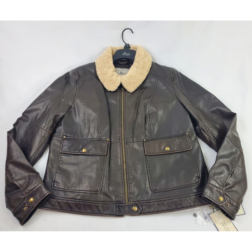 G.H. Bass & Co women pilot jacket pockets brown removable faux fur XL $159